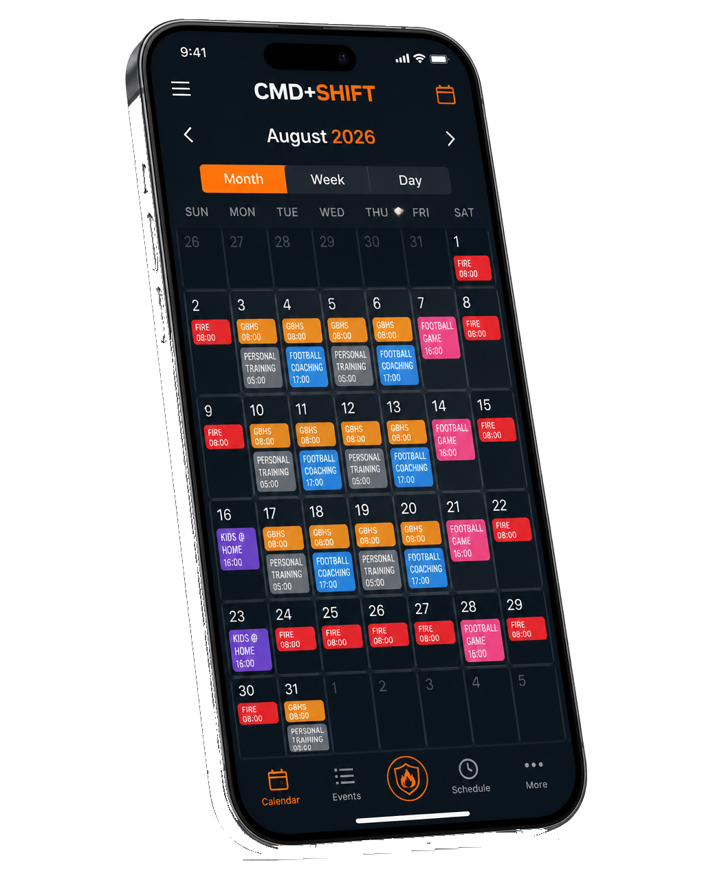 CMD + SHIFT monthly calendar on iPhone showing fire rotations, jobs, sports and custody events